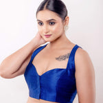 Blue Sweetheart Neck Sleeveless Blouse in Raw Silk - Anvi Couture