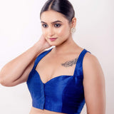 Blue Sweetheart Neck Sleeveless Blouse in Raw Silk - Anvi Couture