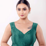 Green V Neck Sleeveless Blouse in Raw Silk with Back Closure - Anvi Couture