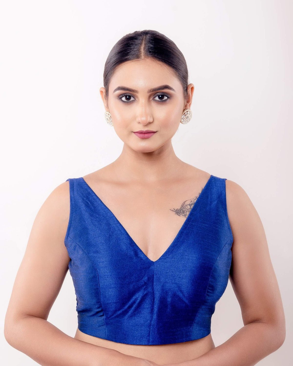 Blue V Neck Sleeveless Blouse in Raw Silk - Anvi Couture