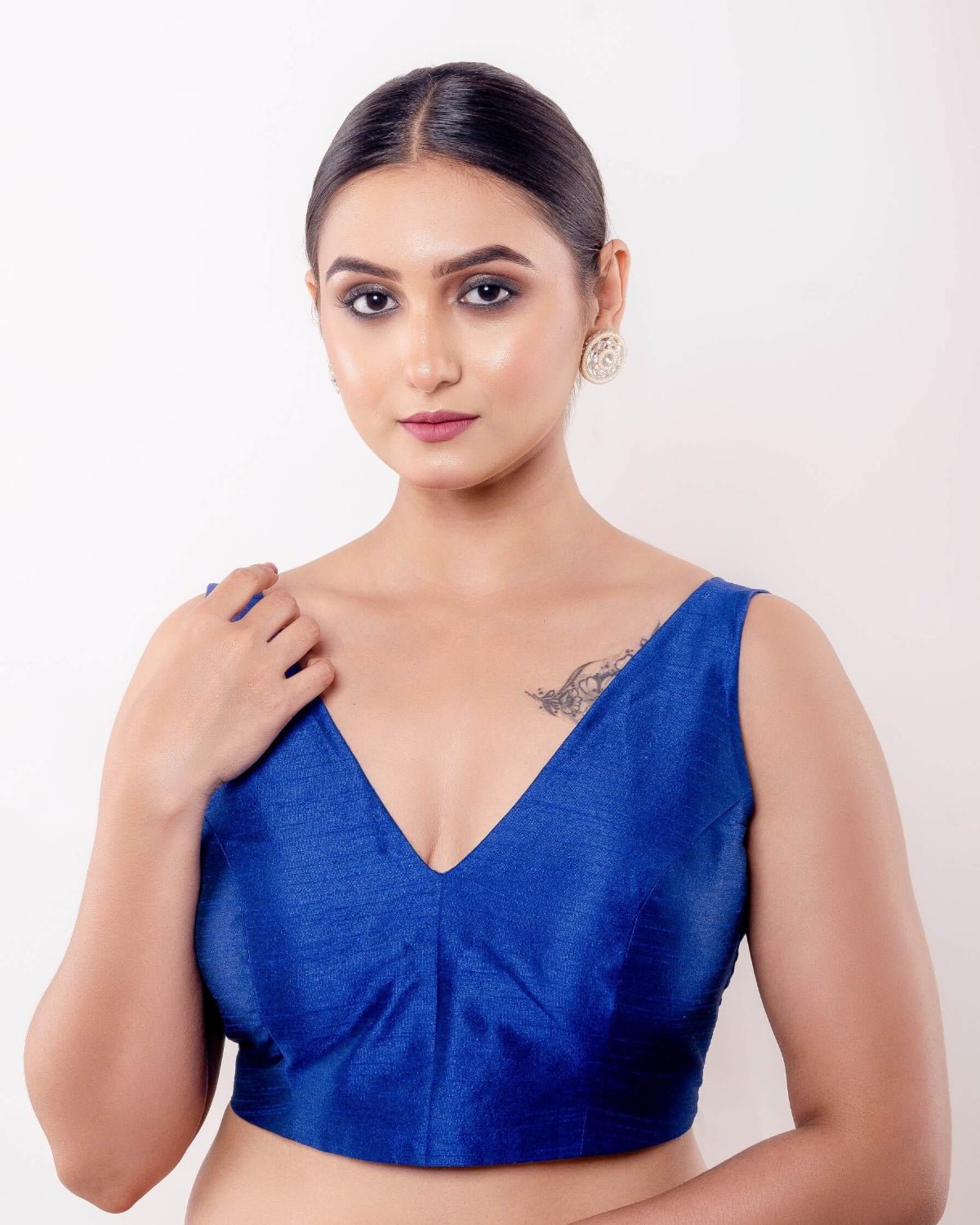 Blue V Neck Sleeveless Blouse in Raw Silk - Anvi Couture