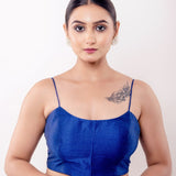 Blue U Neck Blouse with Spaghetti Straps in Raw Silk - Anvi Couture
