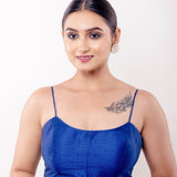 Blue U Neck Blouse with Spaghetti Straps in Raw Silk - Anvi Couture