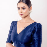Teal Blue V Neck Blouse in Raw Silk with Puff Sleeves - Anvi Couture