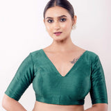 Green V Neck Blouse in Raw Silk with Half Sleeves and Back Closure - Anvi Couture