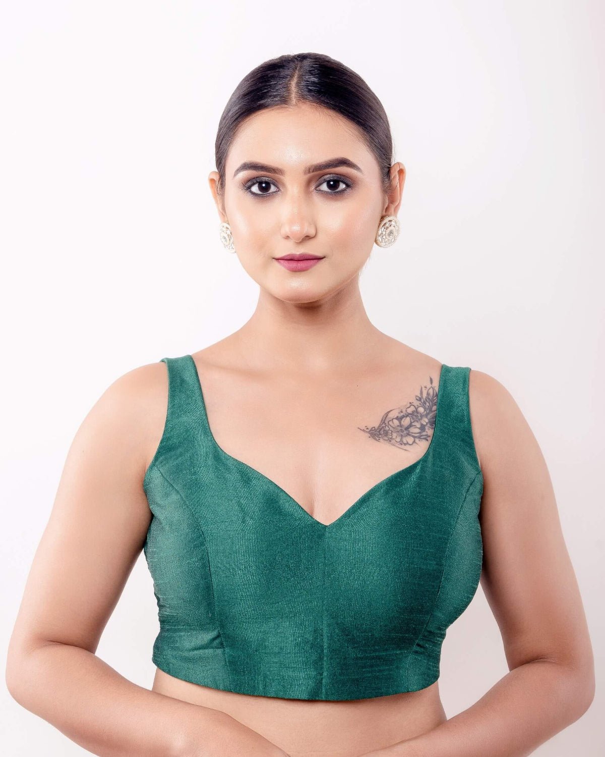 Green Sleeveless Blouse in Raw Silk with Back Closure - Anvi Couture