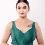 Green Sleeveless Blouse in Raw Silk with Back Closure - Anvi Couture