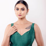 Green Sleeveless Blouse in Raw Silk with Back Closure - Anvi Couture