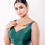 Green Sleeveless Blouse in Raw Silk with Back Closure - Anvi Couture
