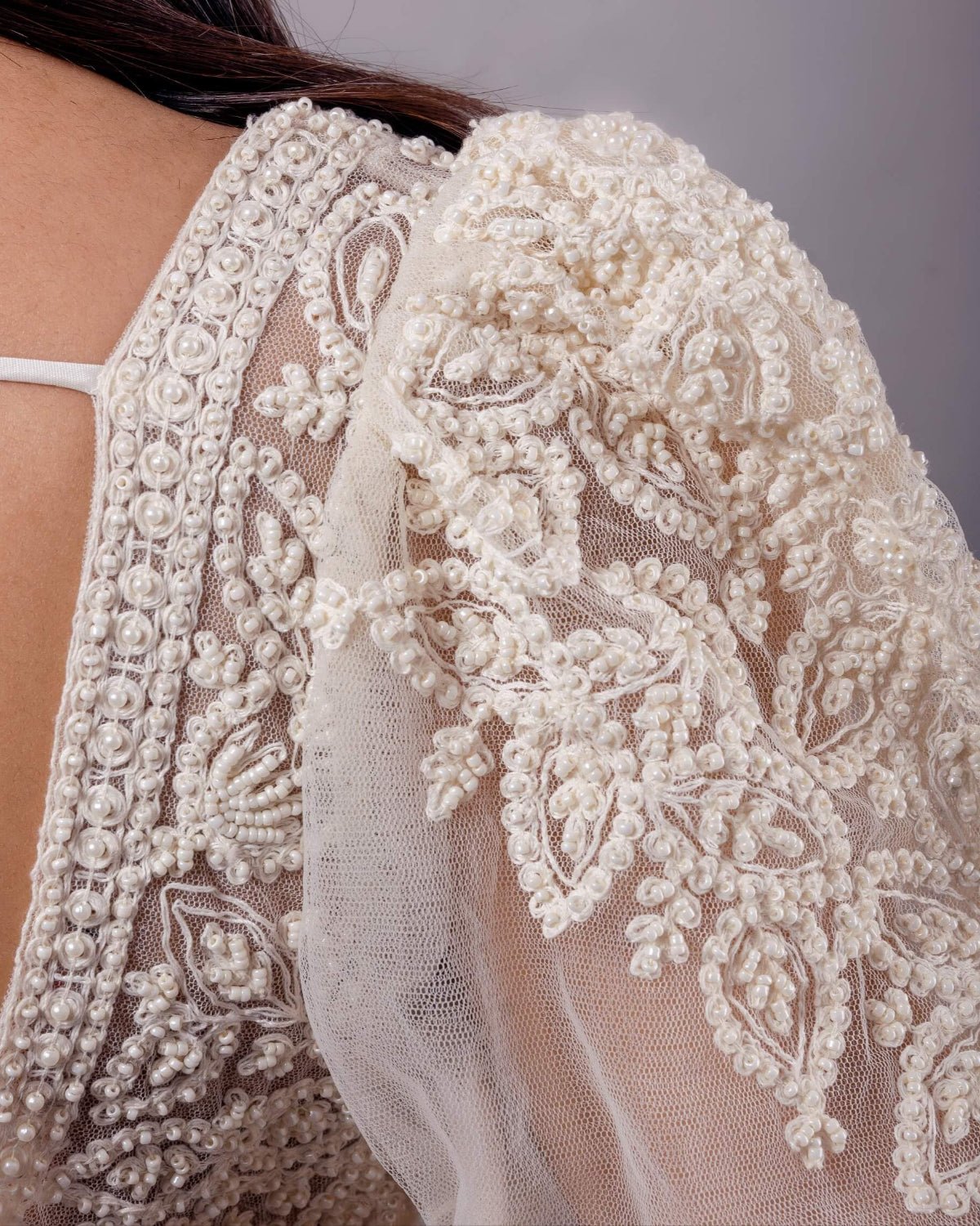White Pearl Embroidered Blouse with Puff Sleeves and Sweetheart Neckline - Anvi Couture
