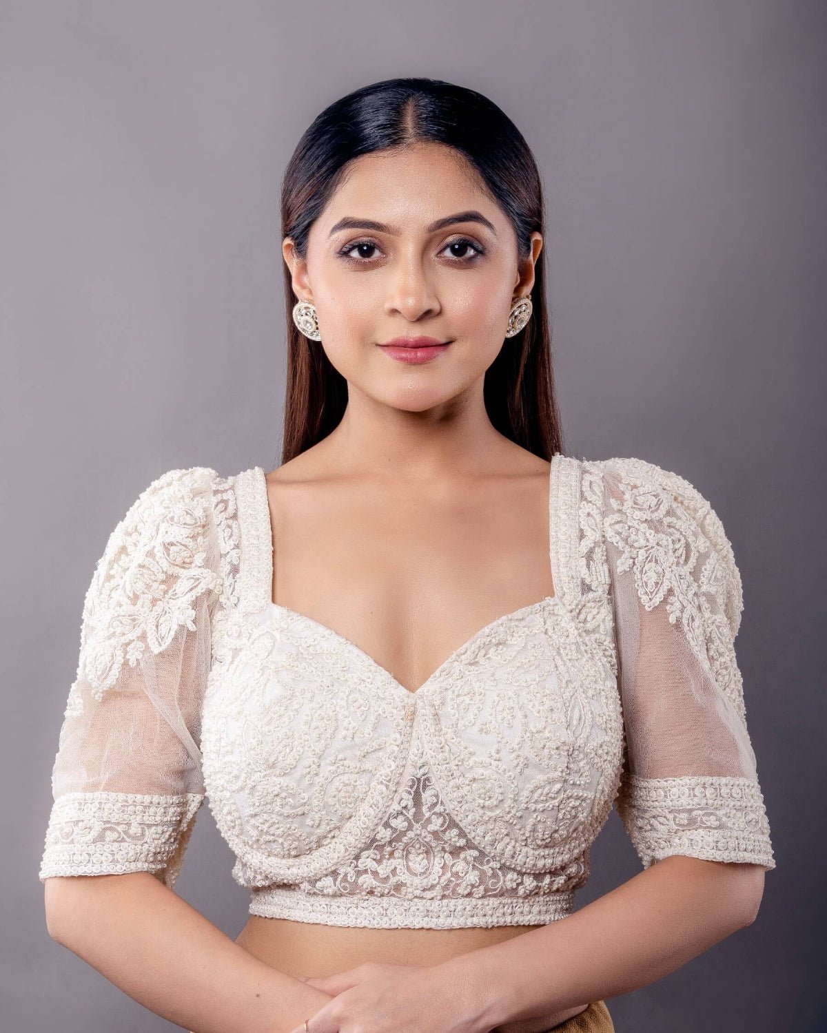 White Pearl Embroidered Blouse with Puff Sleeves and Sweetheart Neckline - Anvi Couture