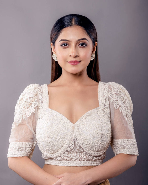 White Pearl Embroidered Blouse with Puff Sleeves and Sweetheart Neckline - Anvi Couture - Front 1