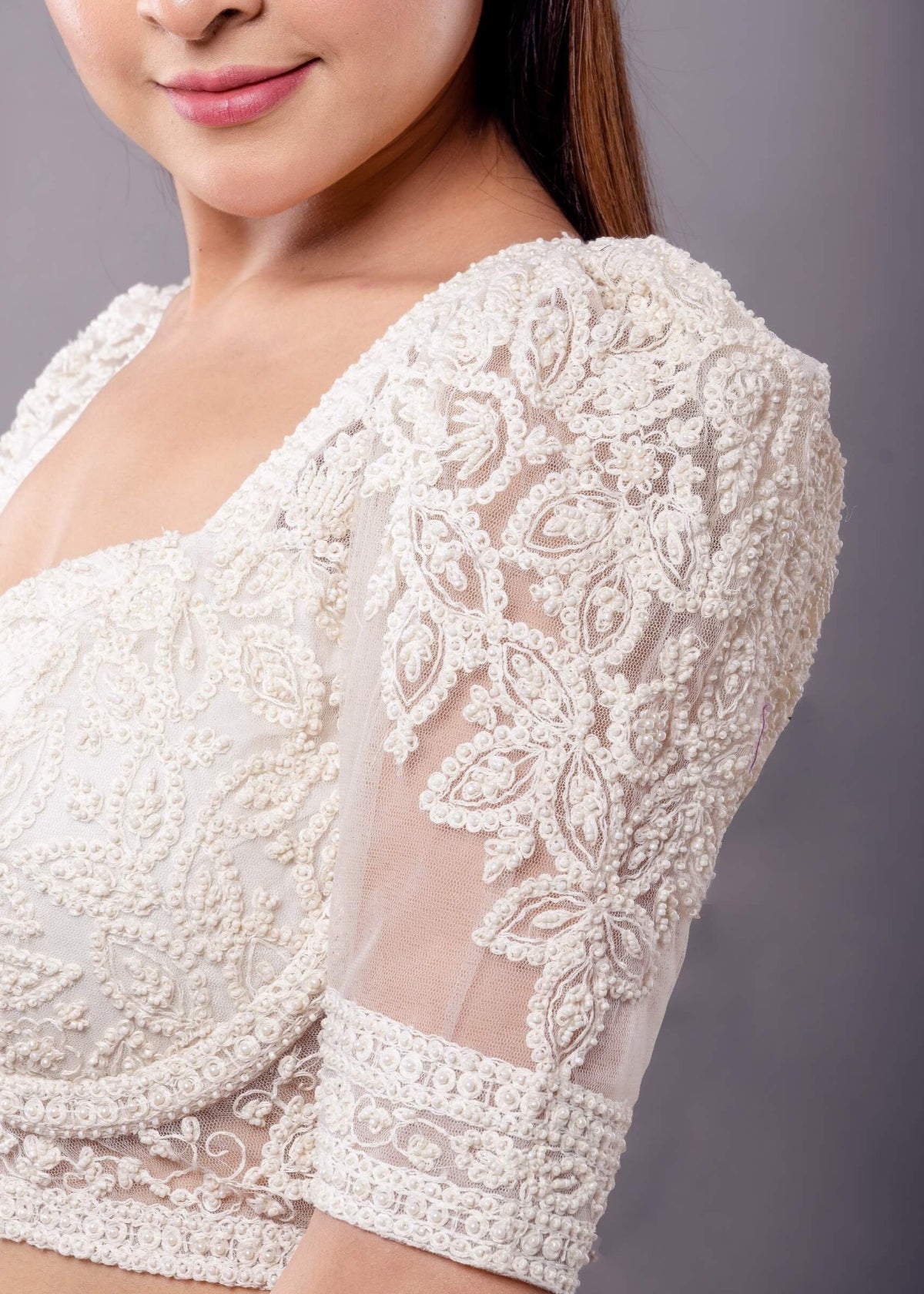 White Pearl Embroidered Blouse with Puff Sleeves and Sweetheart Neckline - Anvi Couture