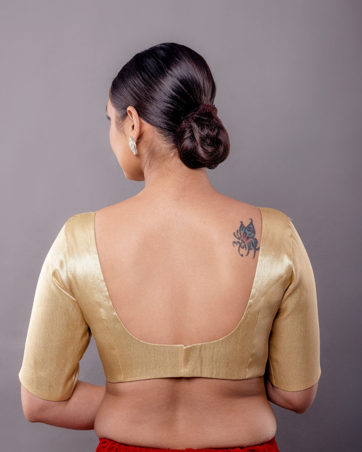 Golden Brocade half sleeve Blouse with V-Neckline - Anvi Couture - Image 3