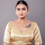 Golden Brocade half sleeve Blouse with V - Neckline - Anvi Couture