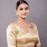 Golden Brocade half sleeve Blouse with V - Neckline - Anvi Couture
