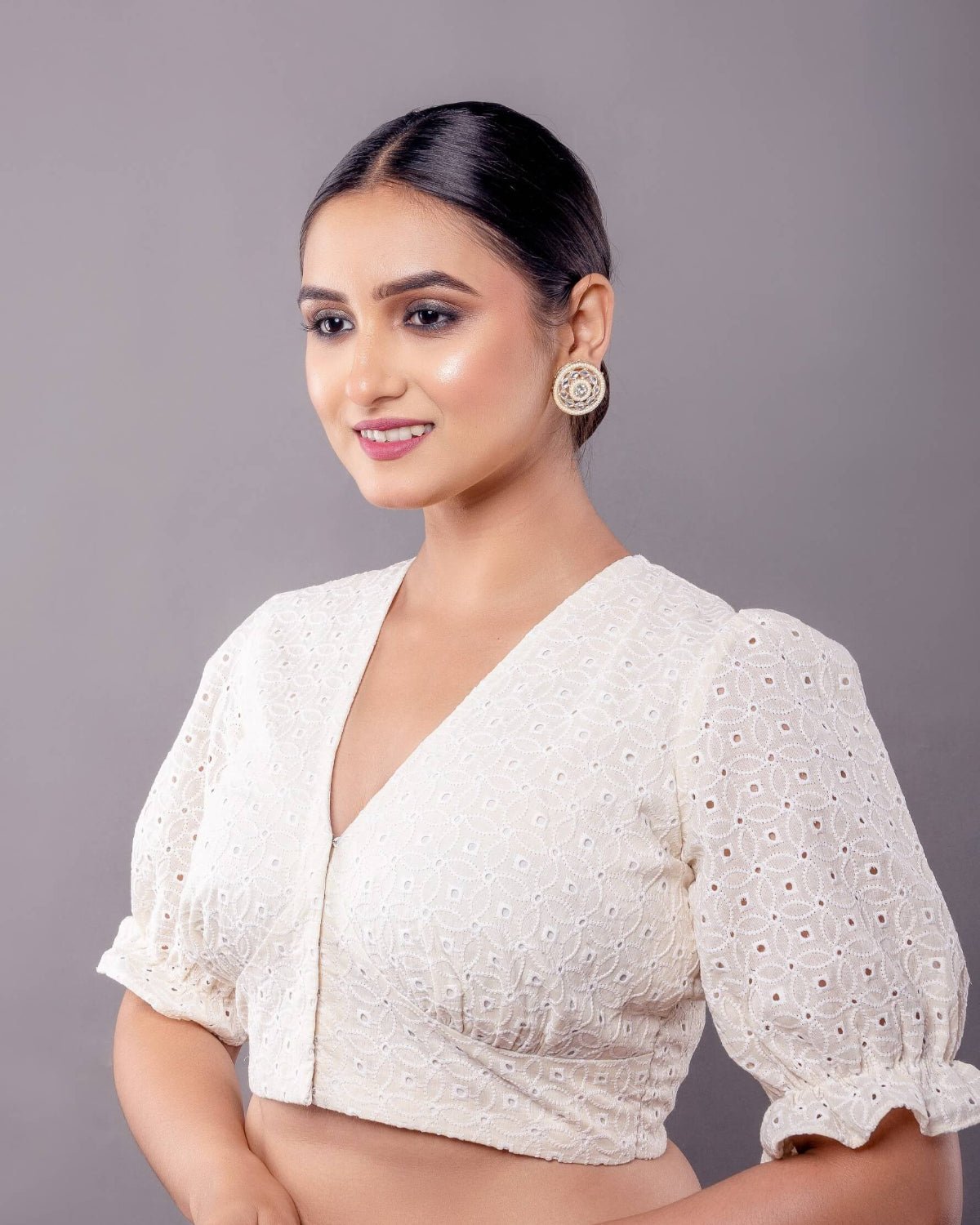 White Hakoba V Neck Blouse with Puff Sleeves - Anvi Couture