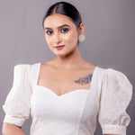 White Hakoba Blouse with Puff Sleeve and Sweetheart Neckline - Anvi Couture