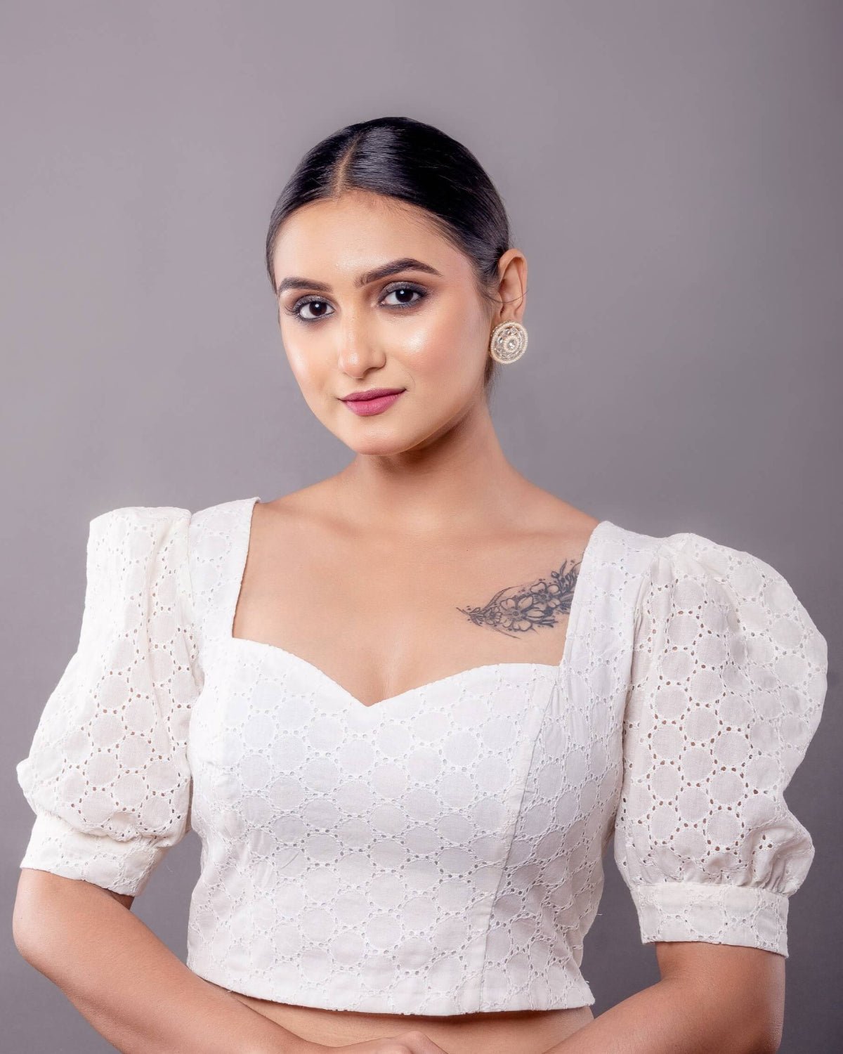 White Hakoba Blouse with Puff Sleeve and Sweetheart Neckline - Anvi Couture