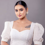 White Hakoba Blouse with Puff Sleeve and Sweetheart Neckline - Anvi Couture