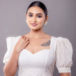 White Hakoba Blouse with Puff Sleeve and Sweetheart Neckline - Anvi Couture