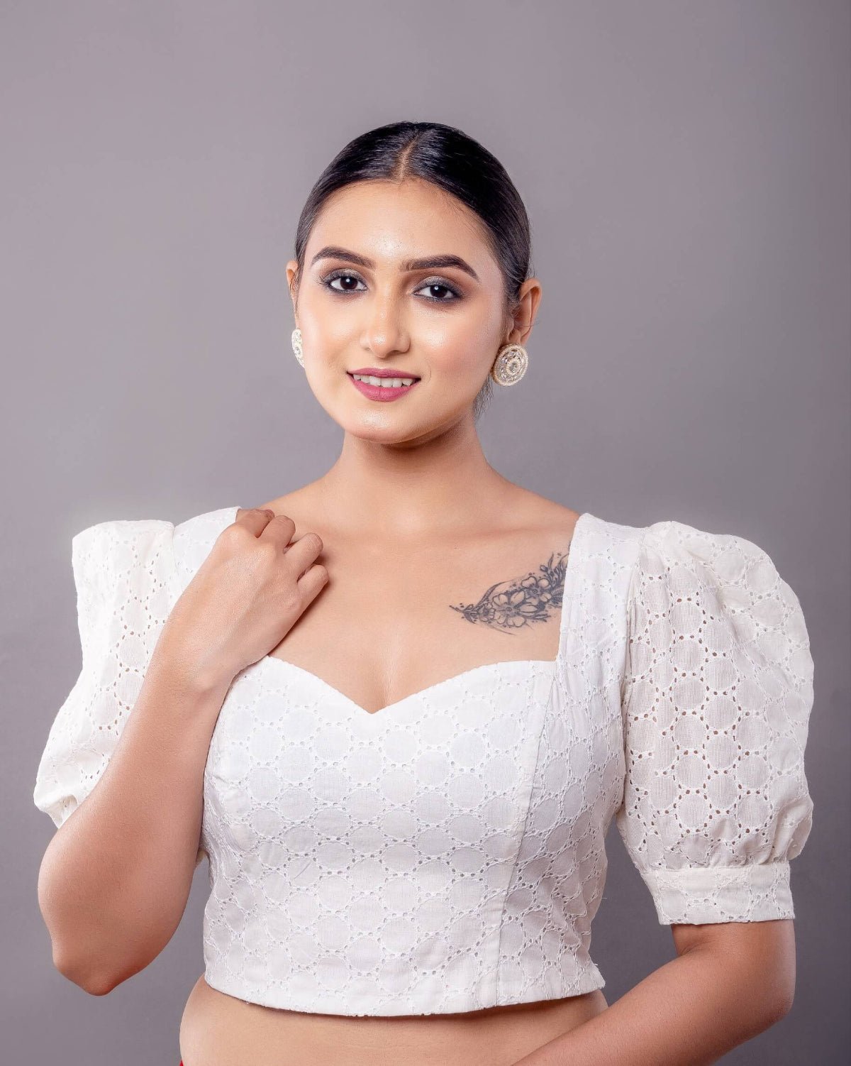White Hakoba Blouse with Puff Sleeve and Sweetheart Neckline - Anvi Couture