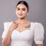 White Hakoba Blouse with Puff Sleeve and Sweetheart Neckline - Anvi Couture