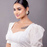 White Hakoba Blouse with Puff Sleeve and Sweetheart Neckline - Anvi Couture