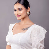 White Hakoba Blouse with Puff Sleeve and Sweetheart Neckline - Anvi Couture