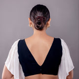Black Cotton V Neck Blouse with Georgette White Ruffle Sleeves - Anvi Couture