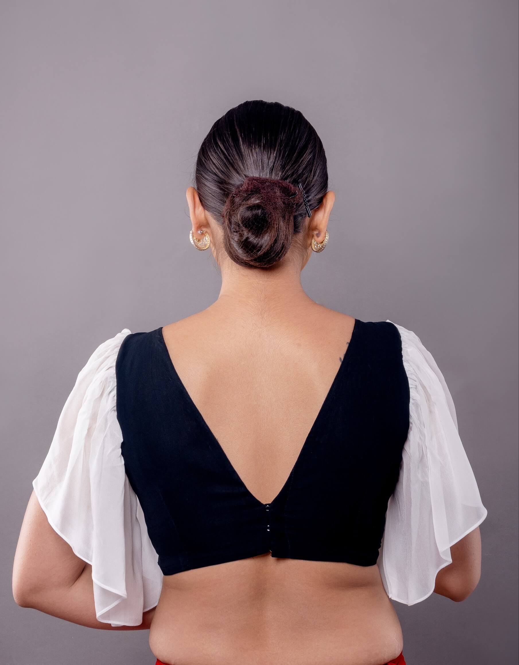 Black Cotton V Neck Blouse with Georgette White Ruffle Sleeves - Anvi Couture