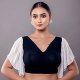 Black Cotton V Neck Blouse with Georgette White Ruffle Sleeves - Anvi Couture