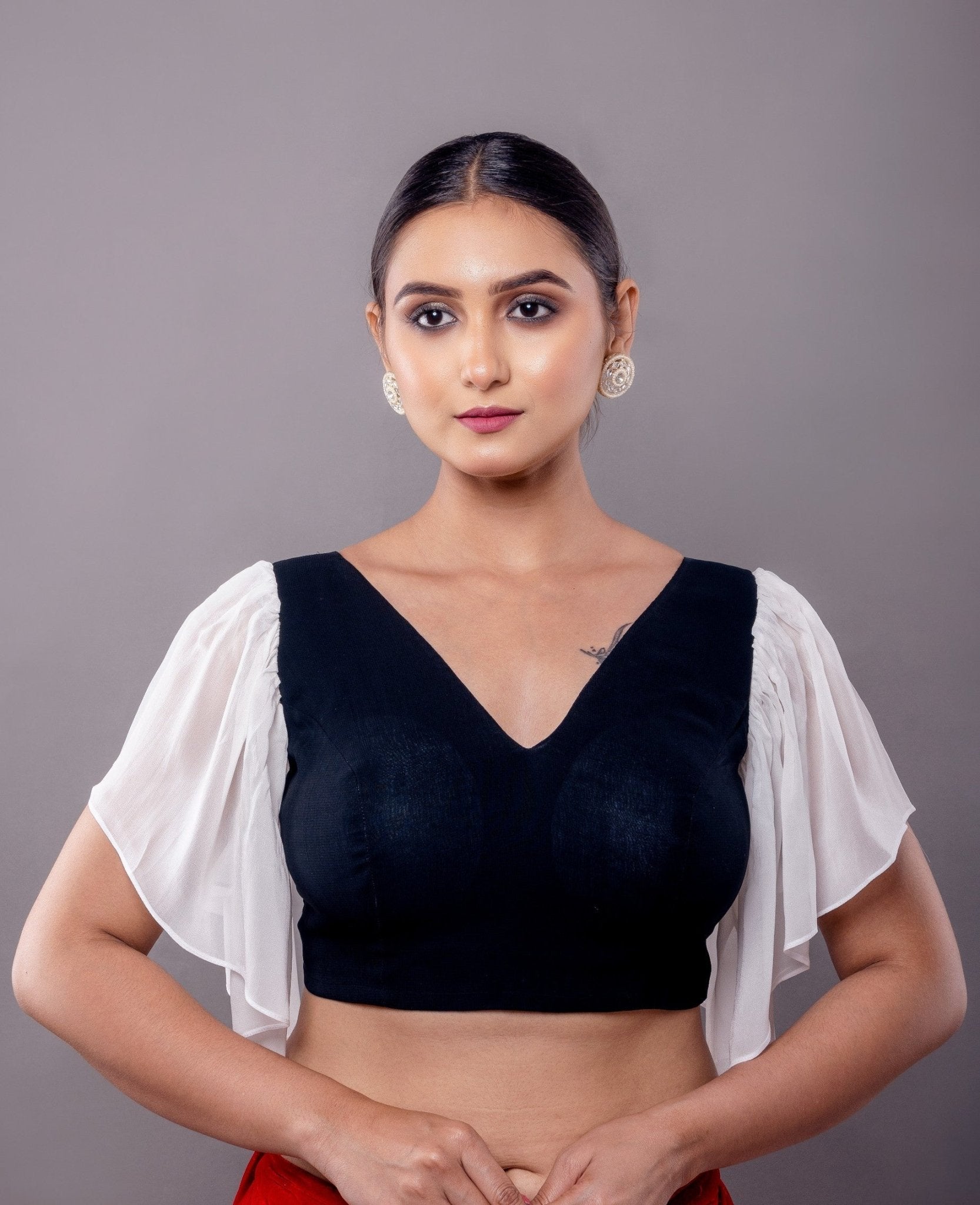 Black Cotton V Neck Blouse with Georgette White Ruffle Sleeves - Anvi Couture