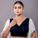 Black Cotton V Neck Blouse with Georgette White Ruffle Sleeves - Anvi Couture