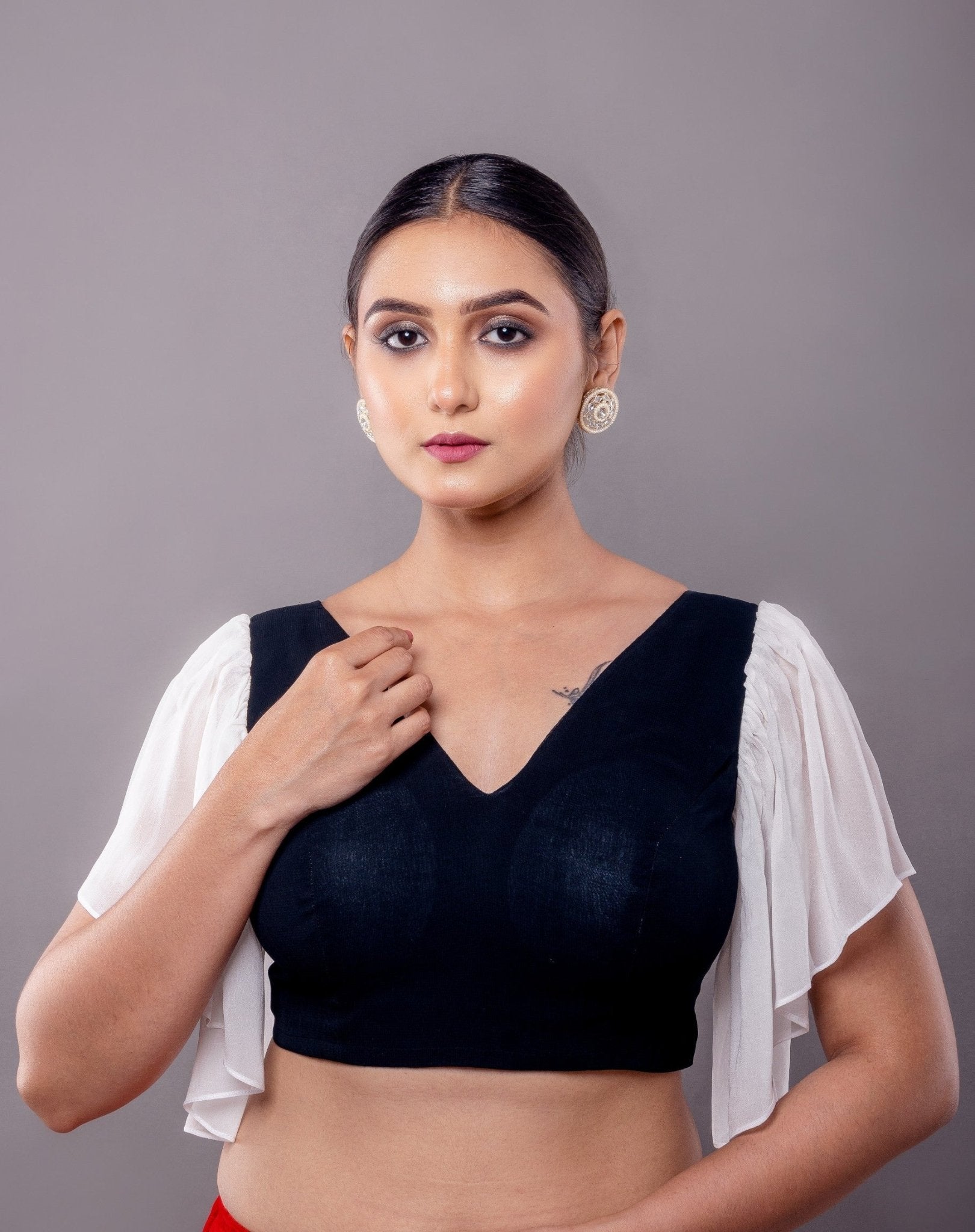 Black Cotton V Neck Blouse with Georgette White Ruffle Sleeves - Anvi Couture