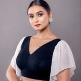 Black Cotton V Neck Blouse with Georgette White Ruffle Sleeves - Anvi Couture
