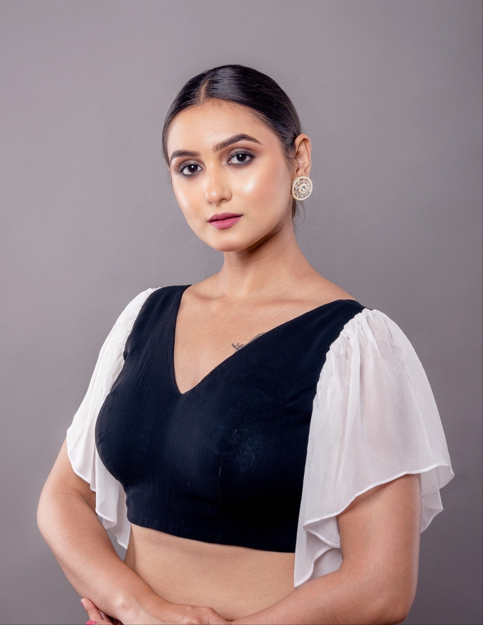 Black Cotton V Neck Blouse with Georgette White Ruffle Sleeves - Anvi Couture