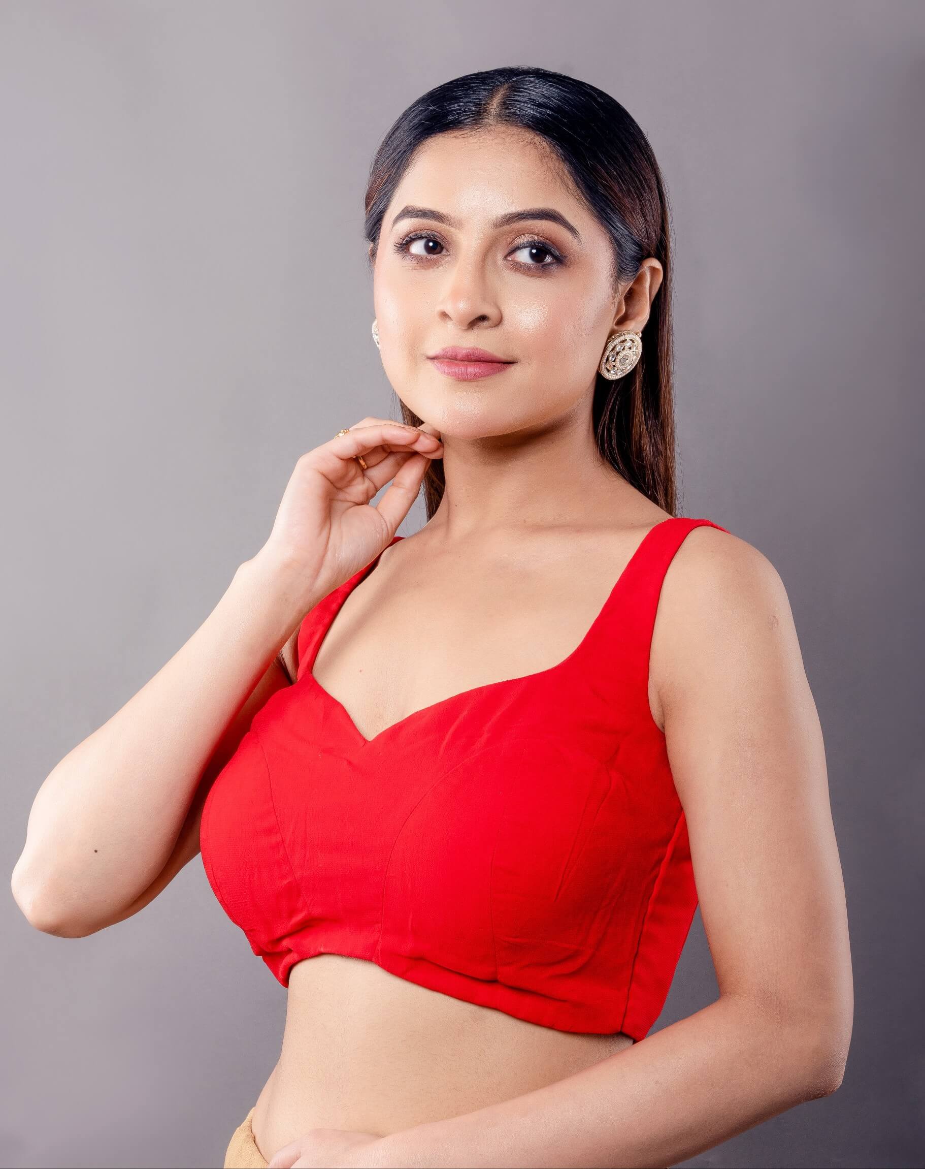Crimson Red Sleeveless Blouse with Sweetheart Neckline - Anvi Couture