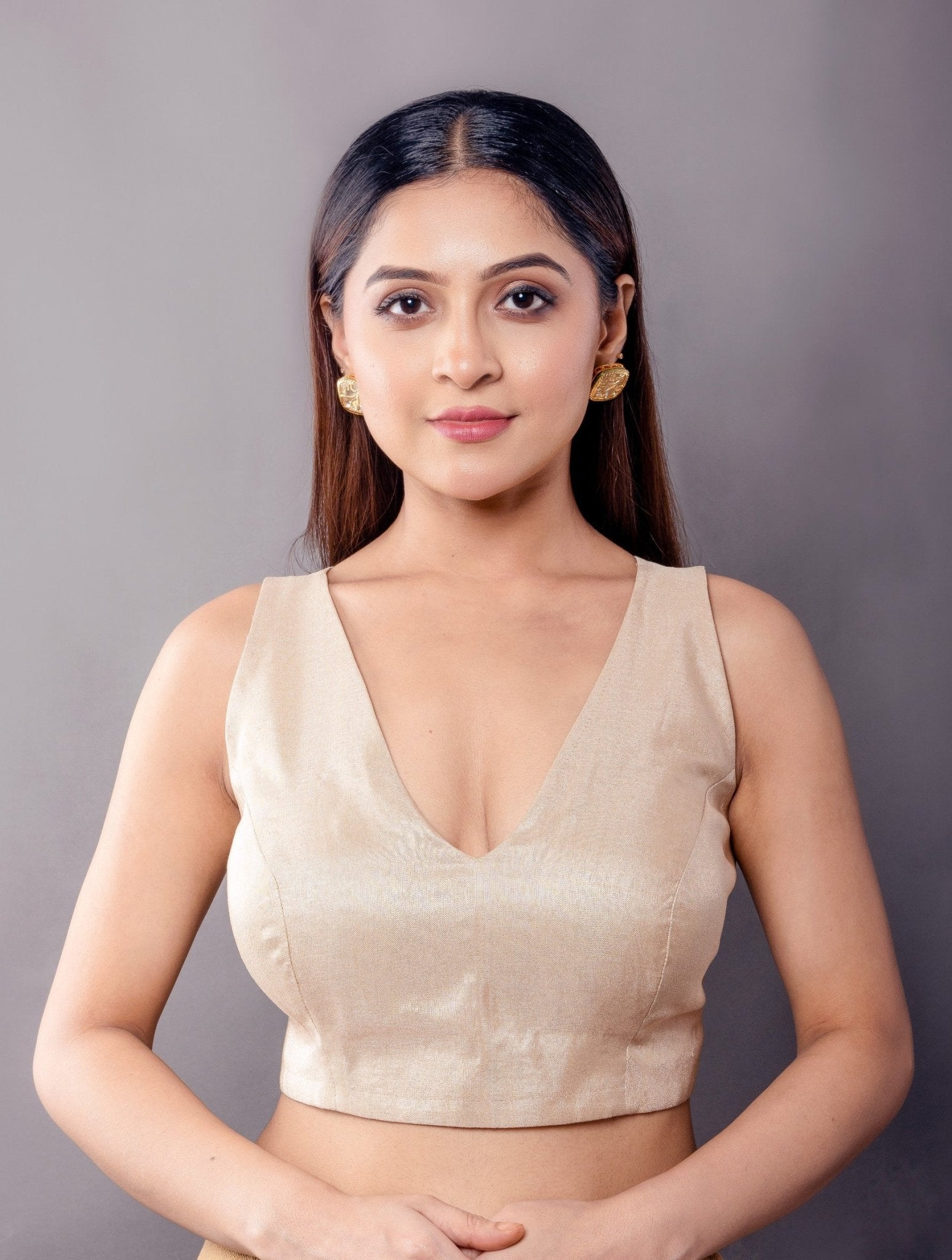 Matte Gold V Neck Blouse with Back Closure - Anvi Couture