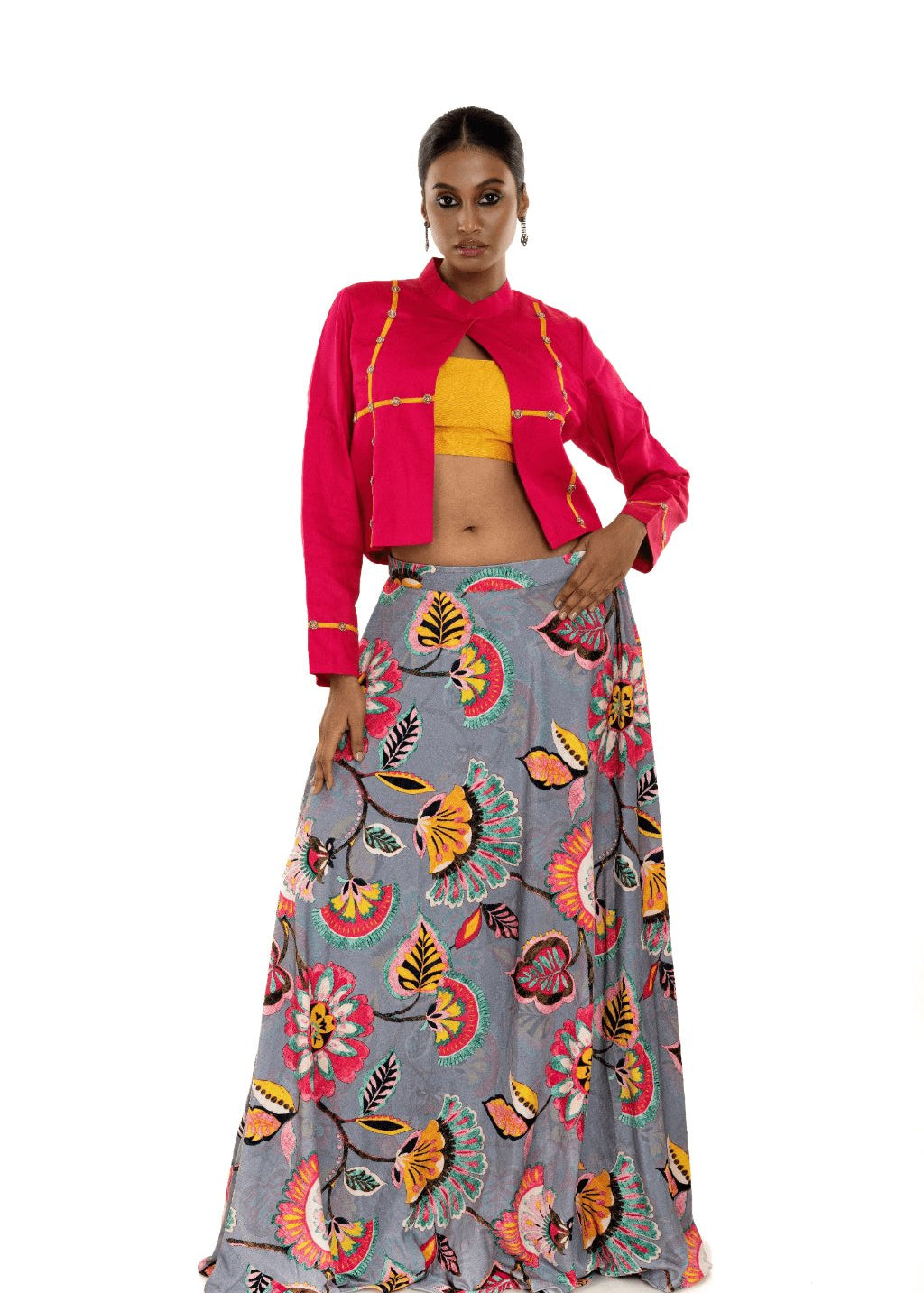 Pink Floral Printed Lehenga Set with Jacket - Anvi Couture