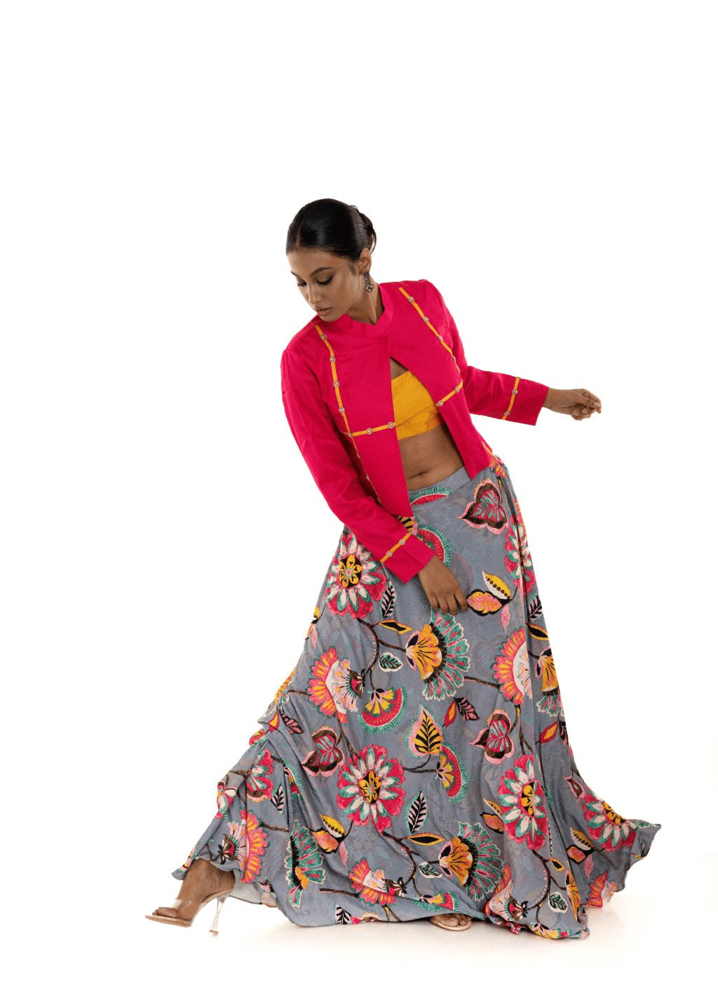 Pink Floral Printed Lehenga Set with Jacket - Anvi Couture