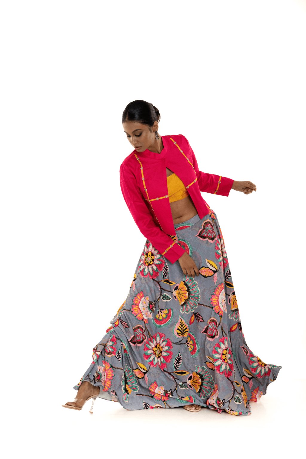 Pink Floral Printed Lehenga Set with Jacket - Anvi Couture