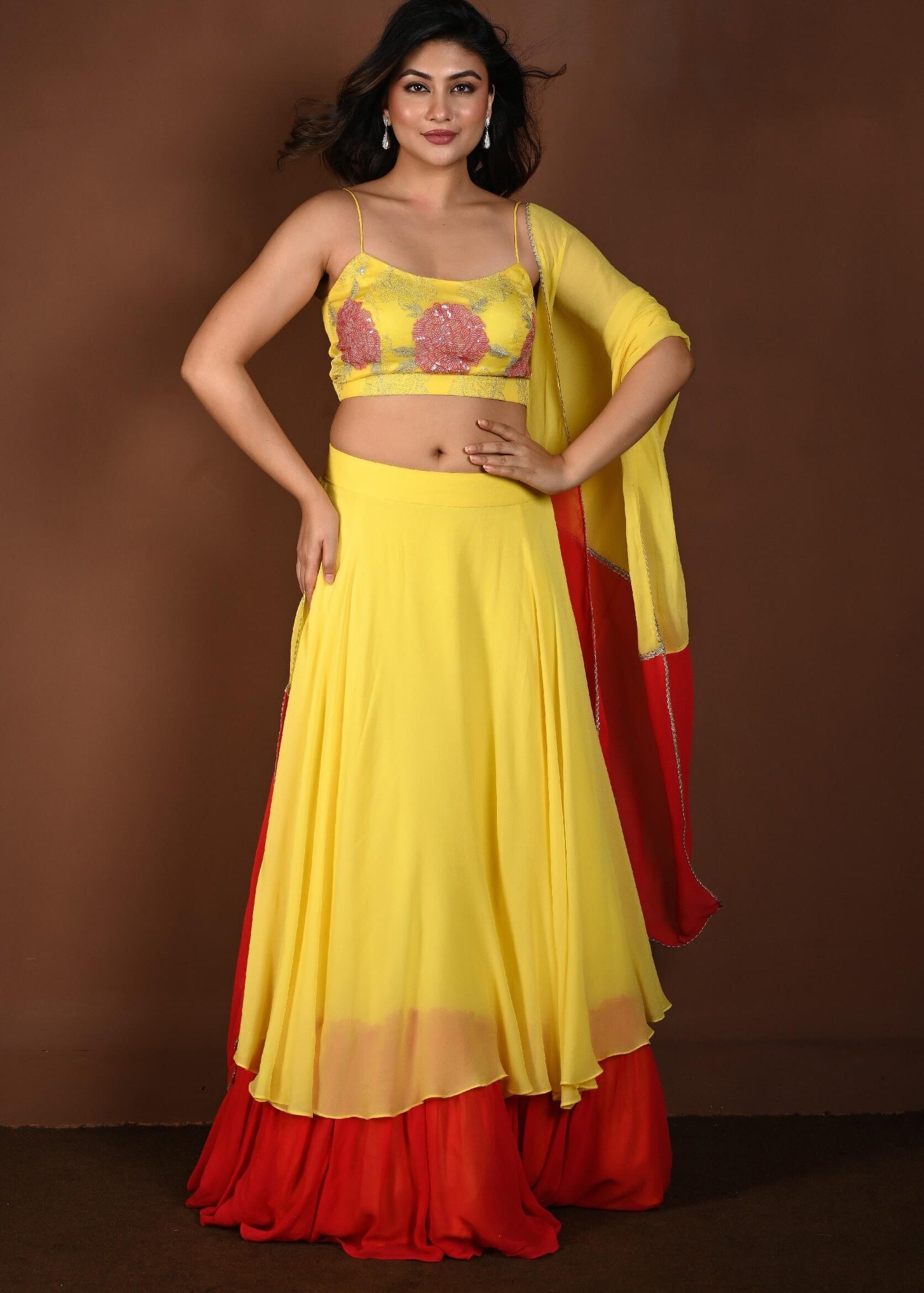 Yellow and Red Double Layered Lehenga Set with Embroidered Choli - Anvi Couture