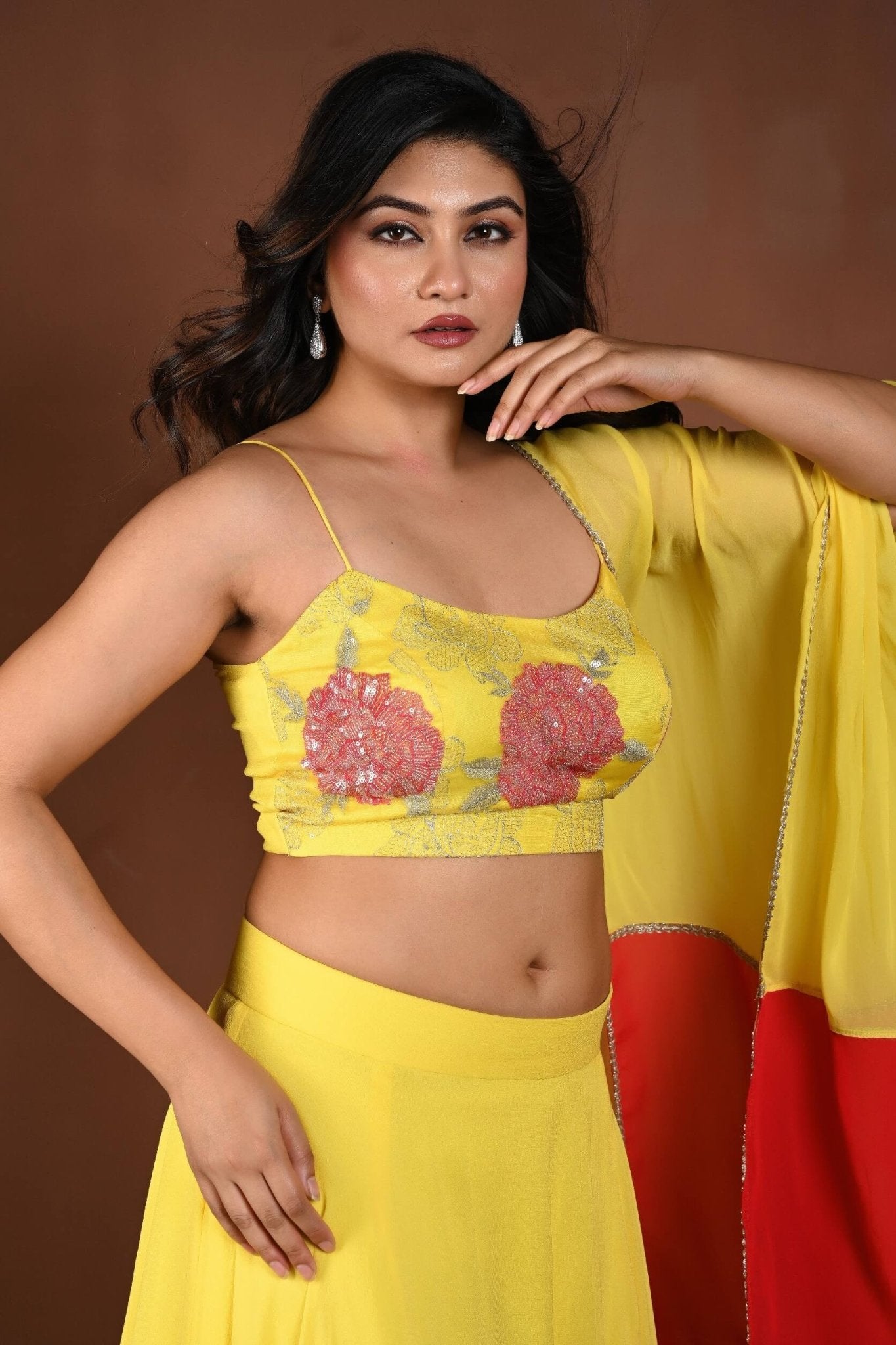 Yellow and Red Double Layered Lehenga Set with Embroidered Choli - Anvi Couture