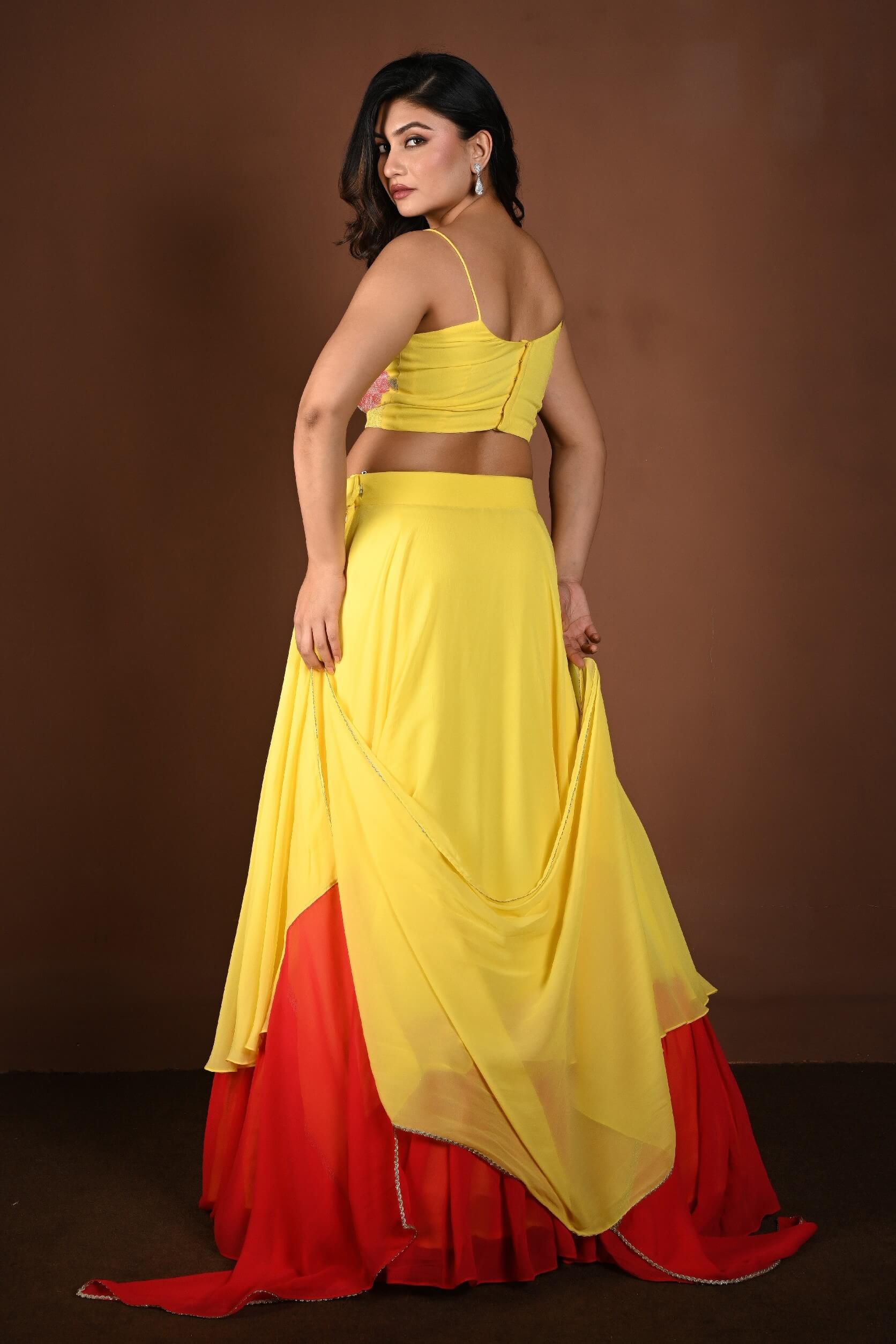 Yellow and Red Double Layered Lehenga Set with Embroidered Choli - Anvi Couture