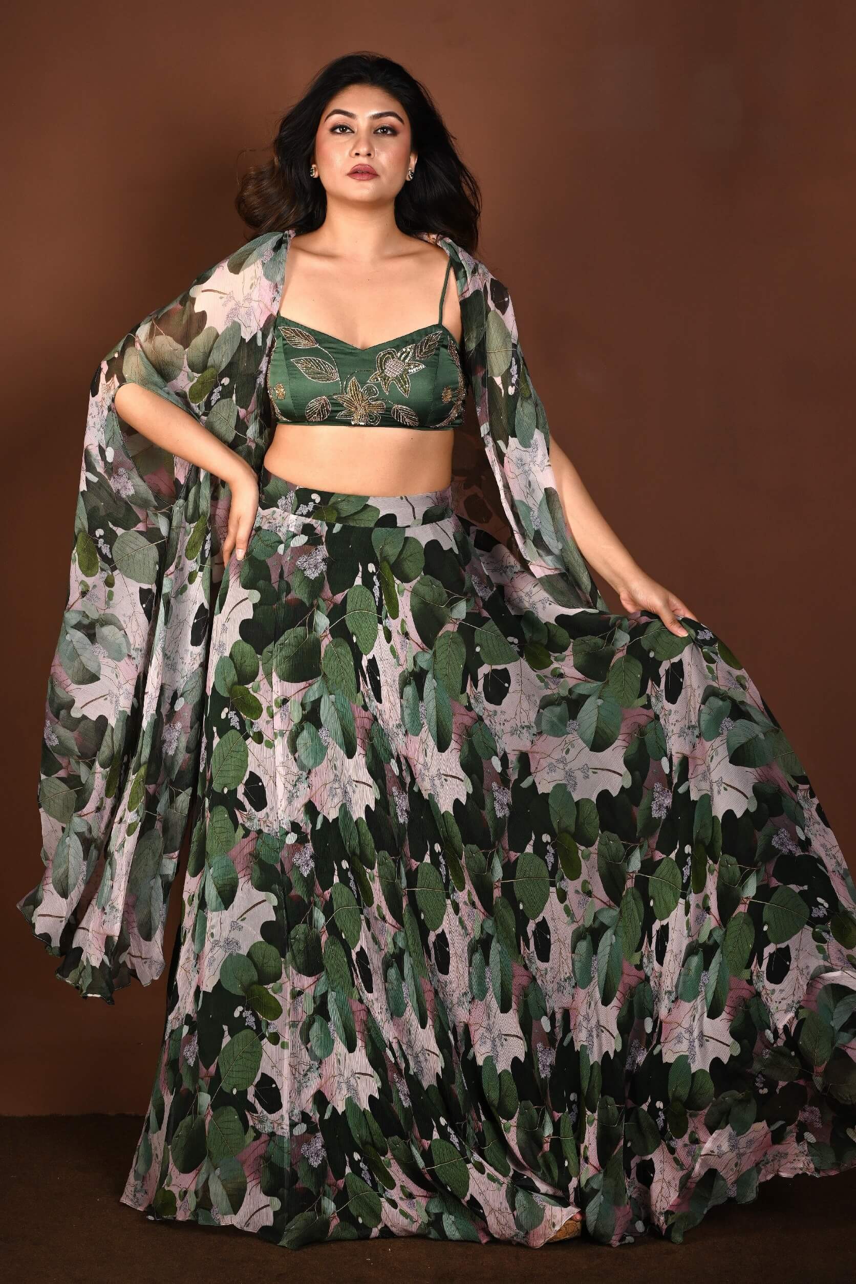 Green Printed Cape Lehenga Set with Hand Embroidered Work - Anvi Couture
