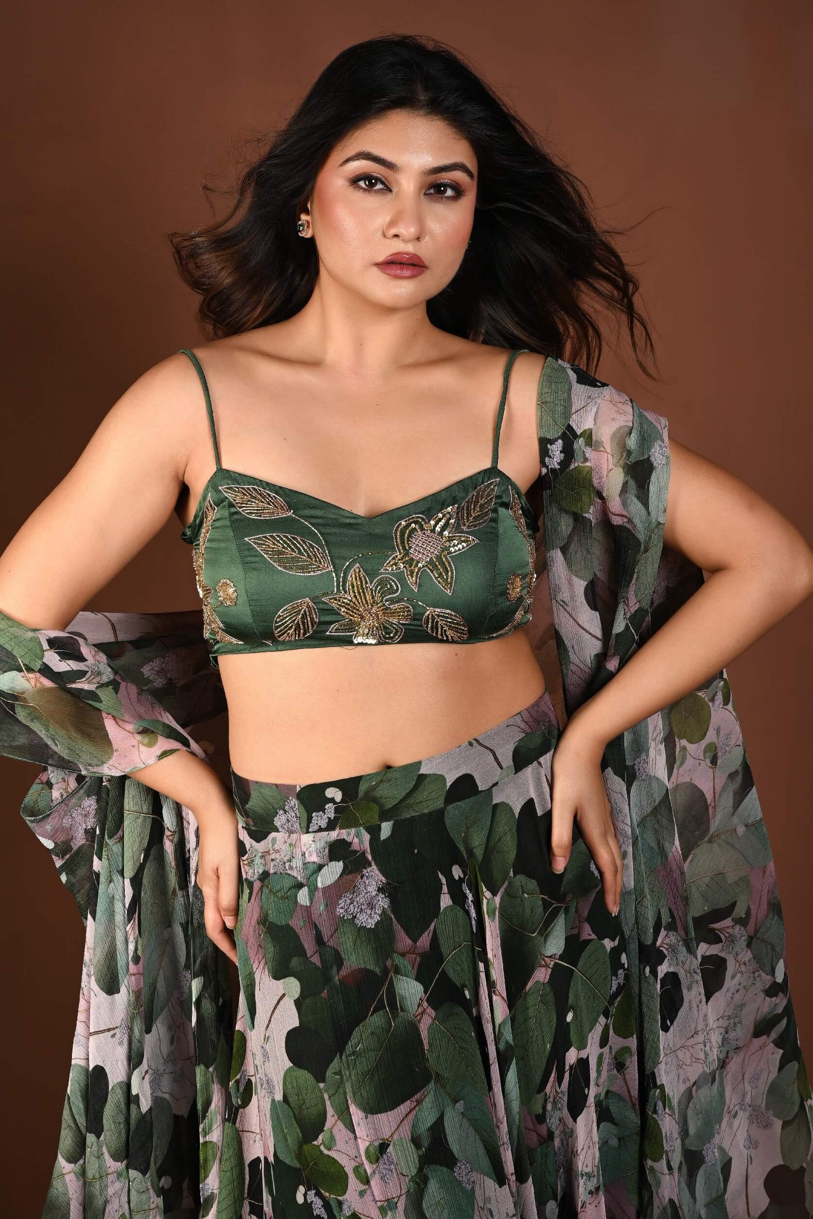 Green Printed Cape Lehenga Set with Hand Embroidered Work - Anvi Couture