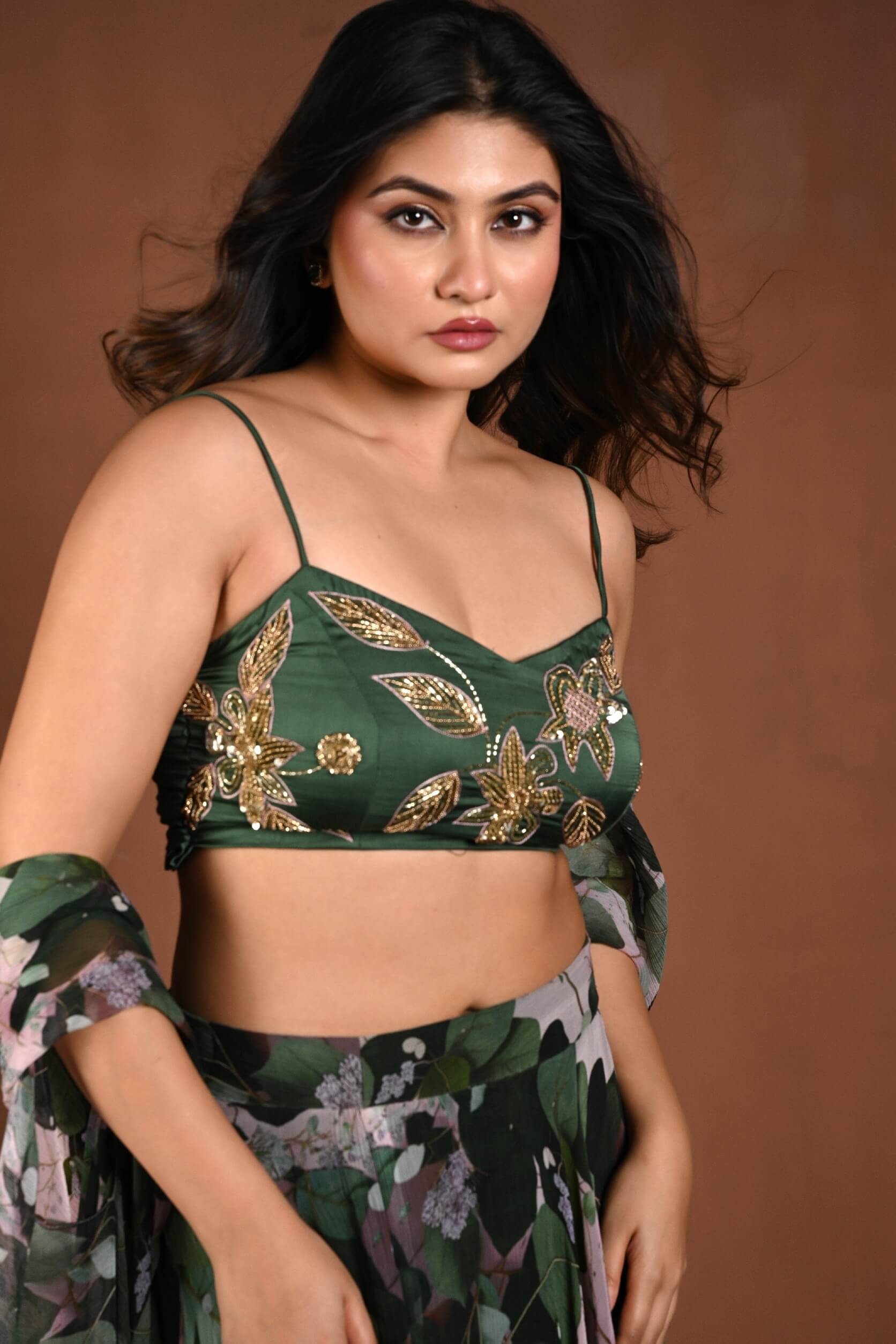 Green Printed Cape Lehenga Set with Hand Embroidered Work - Anvi Couture
