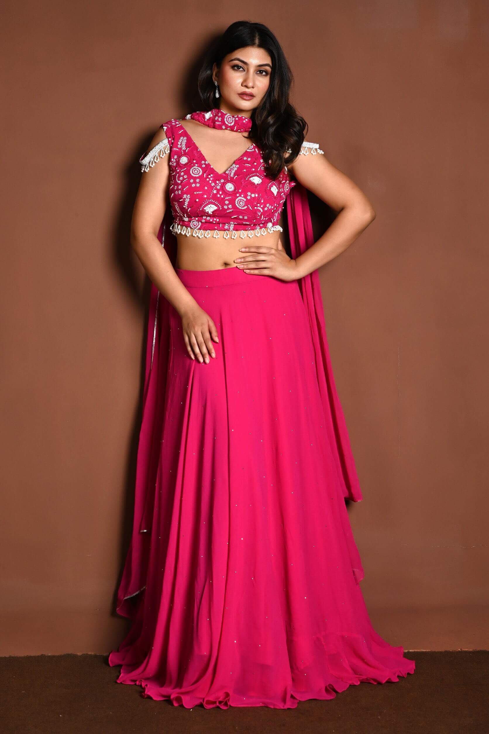 Bright Pink Lehenga Skirt and Embroidered Blouse Set with Dupatta - Anvi Couture