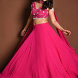Bright Pink Lehenga Skirt and Embroidered Blouse Set with Dupatta - Anvi Couture